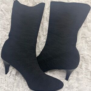 Black Stretch Knit Mid-Heel Sock Boots